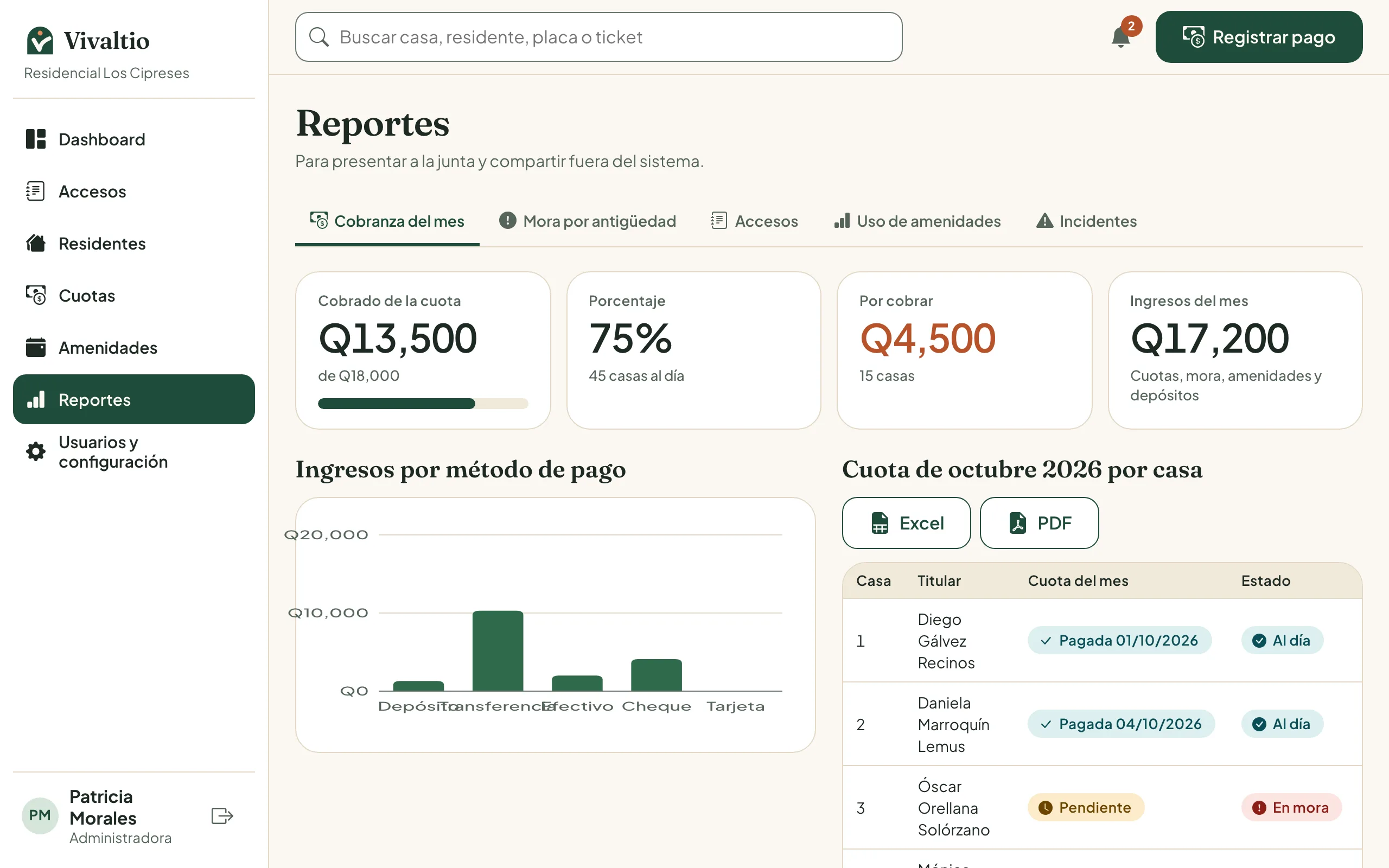 Pantalla de reportes con opciones para exportar a Excel y PDF