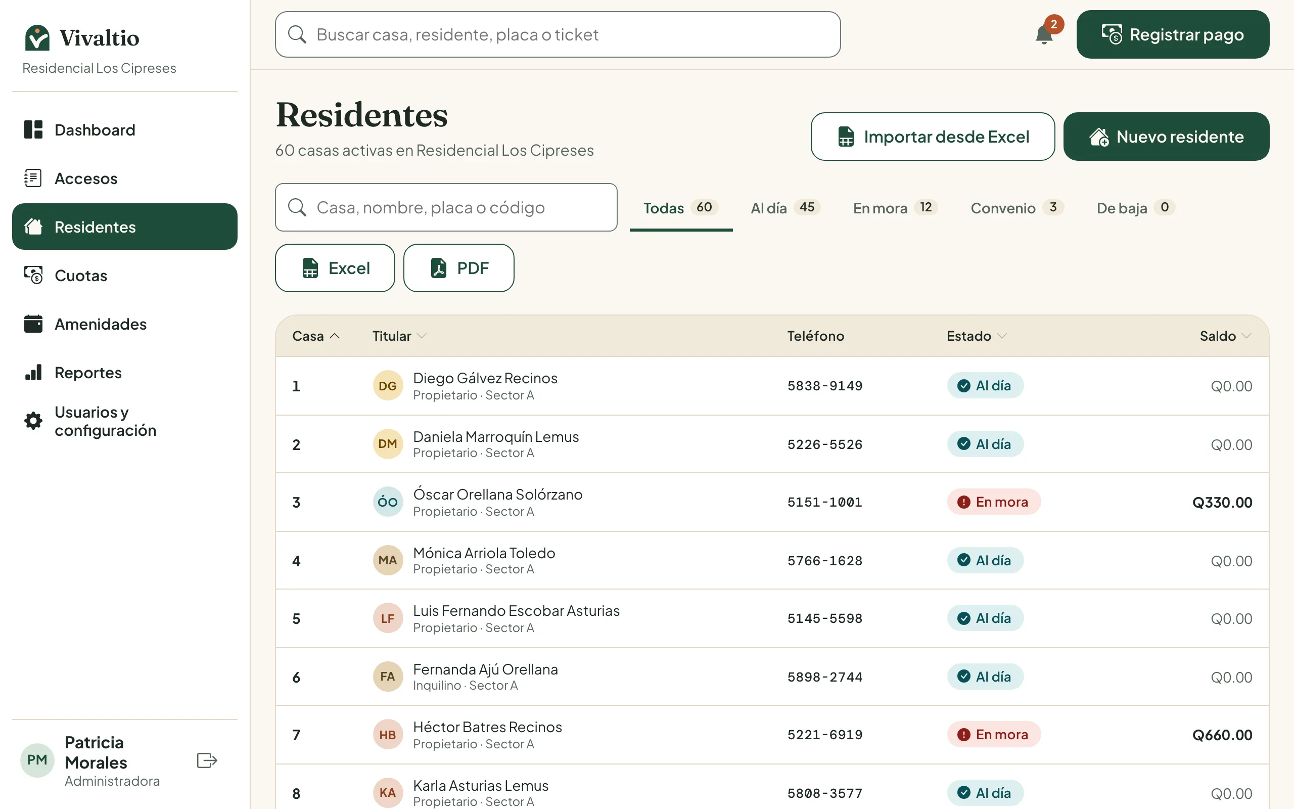 Pantalla de residentes con la lista de casas
