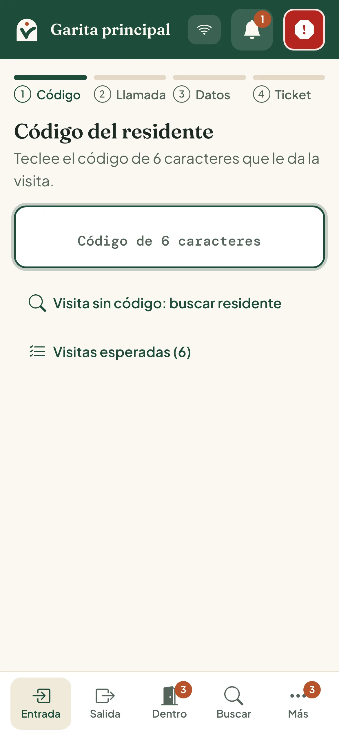 Pantalla para escribir el código del residente