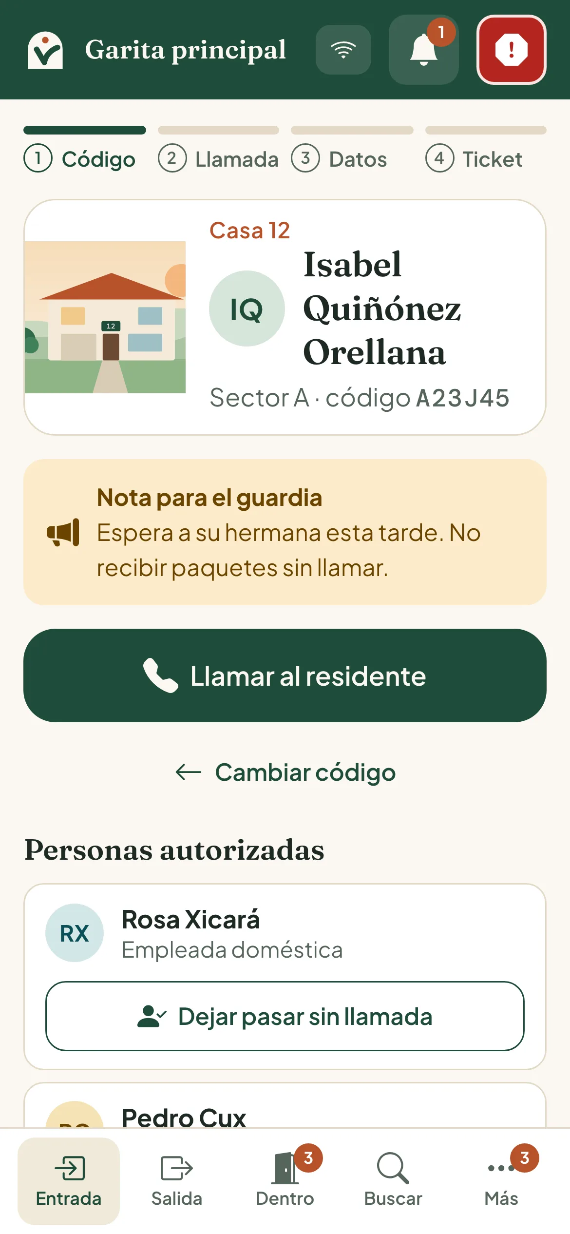 Aplicación de la garita de Vivaltio con los datos de la casa que recibe la visita